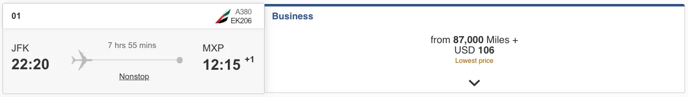 Screenshot of an Emirates award search for a nonstop JFK to Milan flight priced from 87,000 miles in Business class