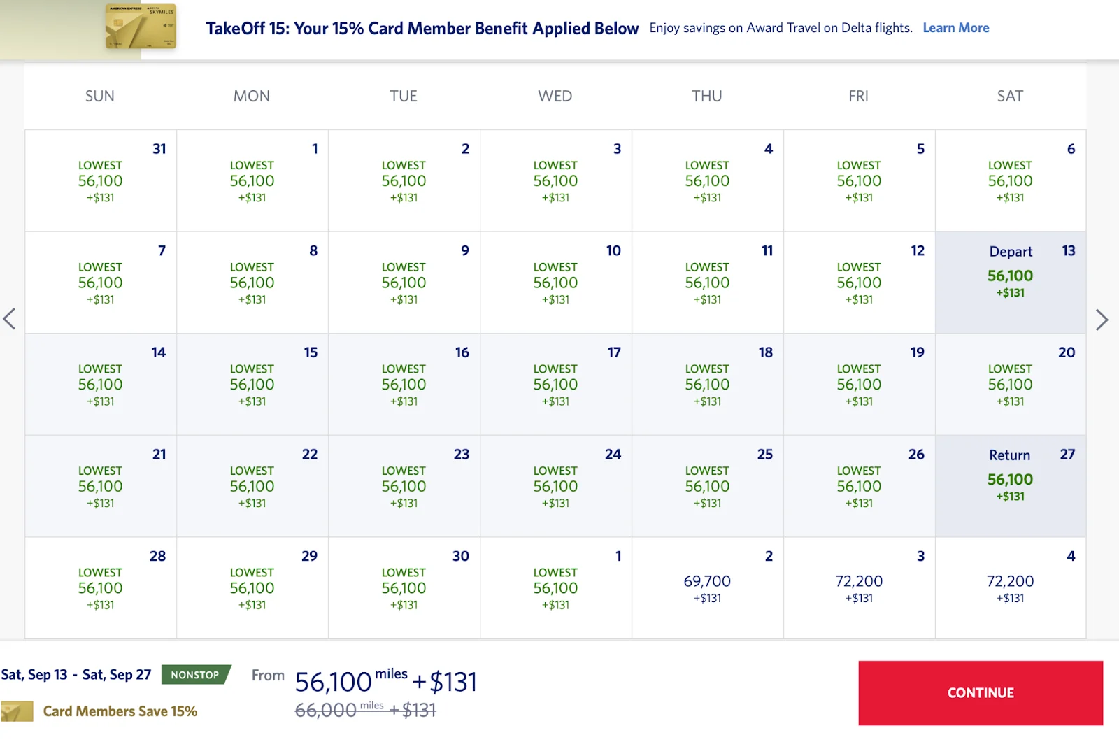 Screenshot of a Delta award search calendar showing a round-trip priced at 56,100 miles plus $131 with a 15% card member discount applied