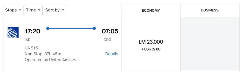 Screenshot of an Avianca LifeMiles award search for a nonstop United Airlines flight from Washington Dulles to Paris, priced at 23,000 miles.