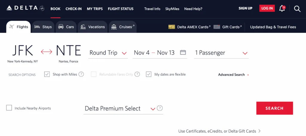 Screenshot of the Delta website flight search form for a JFK to Nantes, France trip in Delta Premium Select