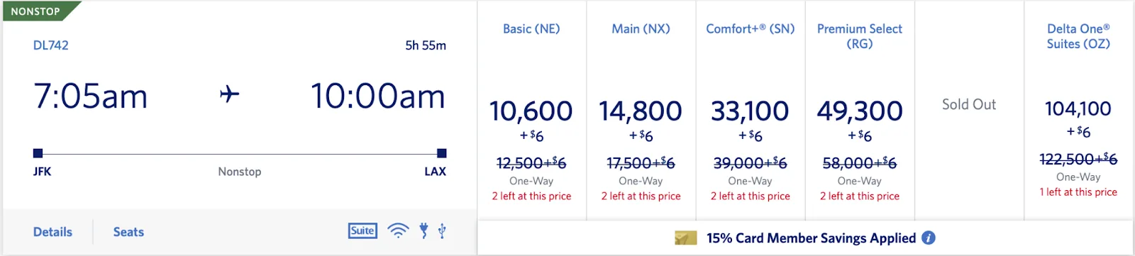 Screenshot of a Delta award search for a JFK to LAX flight showing mileage prices by cabin, with Premium Select sold out and a 15% card member discount applied