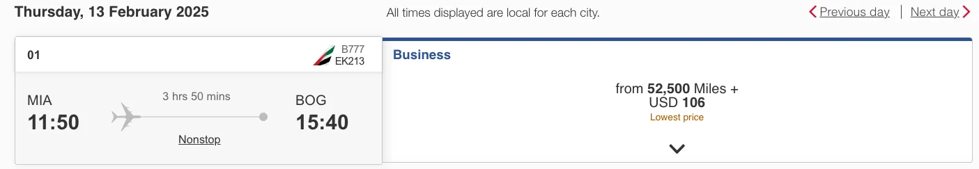 Screenshot of an Emirates award search for a nonstop Miami to Bogotá flight priced from 52,500 miles in Business class