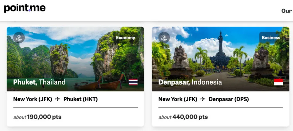 Screenshot of point.me destination cards for Phuket, Thailand in Economy for about 190,000 points and Denpasar, Indonesia in Business for about 440,000 points
