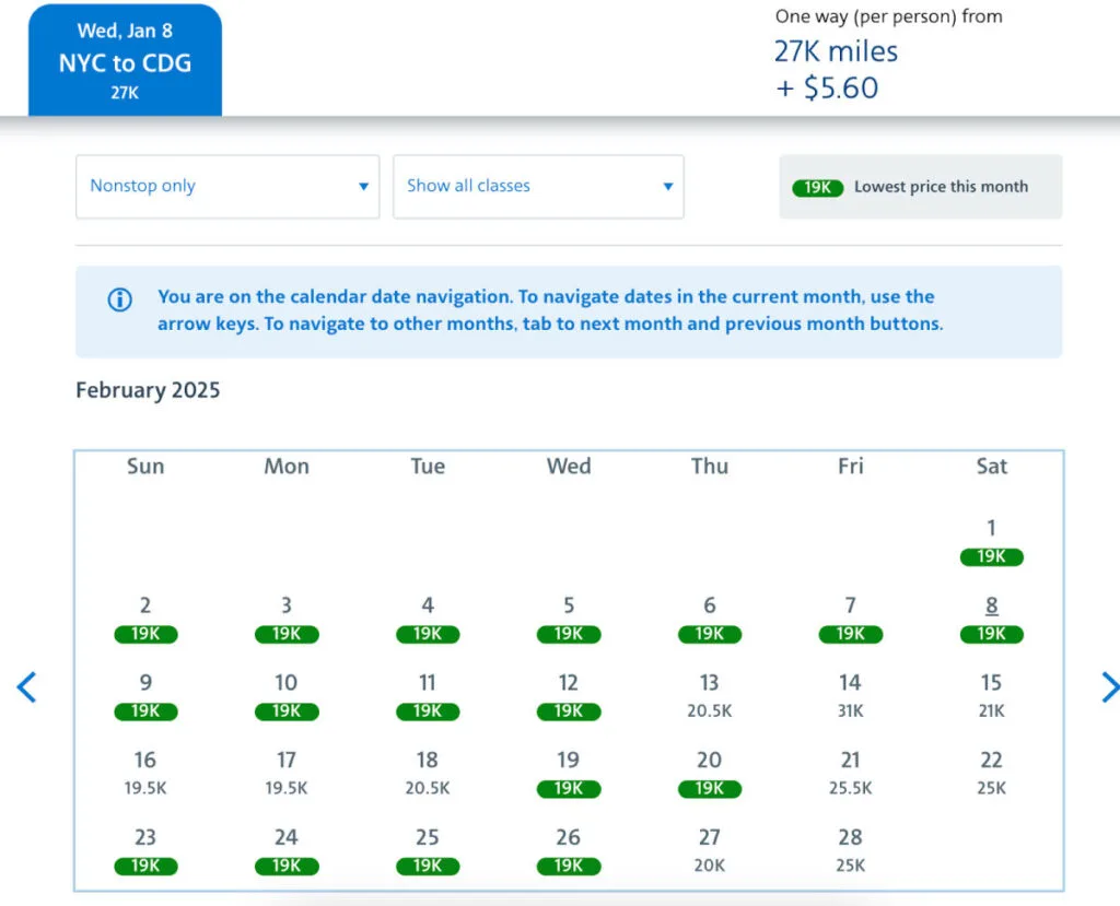 Delta.com award calendar for New York to Paris showing a nonstop flight priced at 36,000 miles