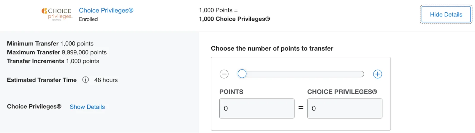 Screenshot of the Marriott Bonvoy transfer details screen for Choice Privileges, showing a slider to select points to transfer