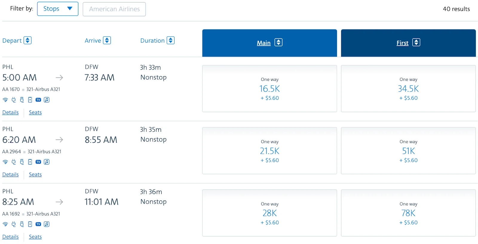Screenshot of American Airlines flight search results for Philadelphia to Dallas, listing Main Cabin fares from 16.5K points and First Class from 34.5K points