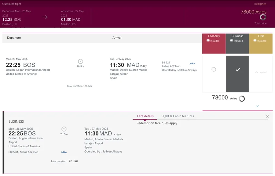 Screenshot of the British Airways Executive Club site showing a JetBlue Mint business class flight from Boston to Madrid priced at 78,000 Avios