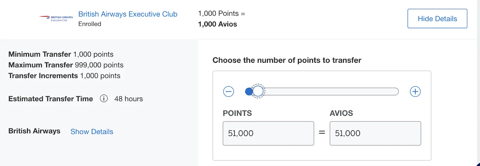 Amex Membership Rewards transfer screen for British Airways Executive Club, showing a slider set to transfer 51,000 points to Avios