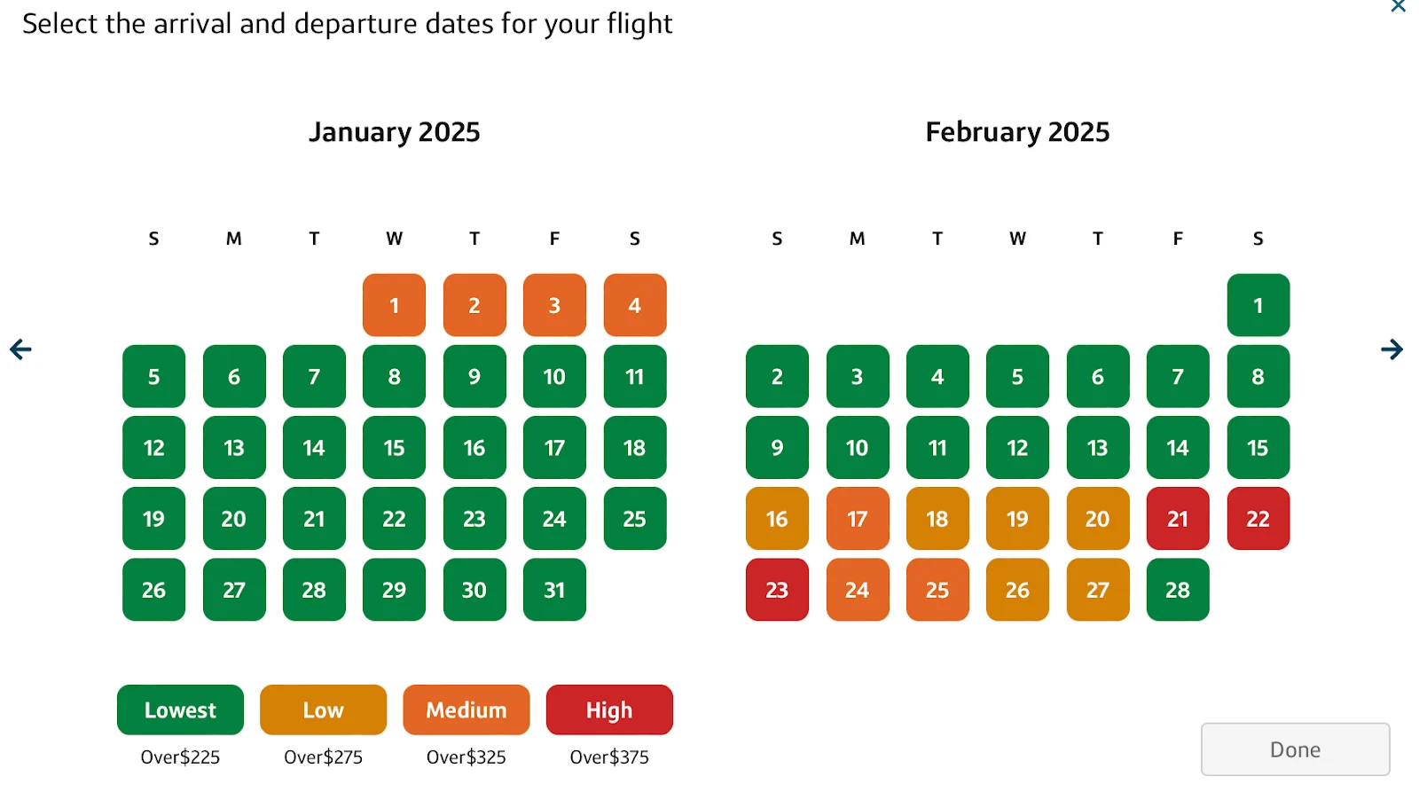 Screenshot of a fare calendar for January 2025 with dates color-coded by price level from Lowest to High