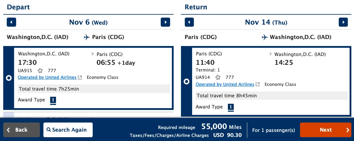 Screenshot of a United Airlines award booking summary for a round-trip Washington Dulles to Paris flight, requiring 55,000 miles plus $90.30 in taxes.