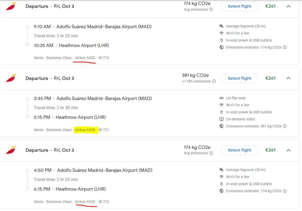 Screenshot of Google Flights results for Iberia's Madrid to London route, comparing business class fares on an Airbus A320 versus a lie-flat A350.