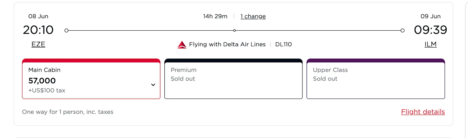 Award flight search result showing a Delta flight from Buenos Aires to Wilmington priced at 57,000 miles plus $100 tax in Main Cabin