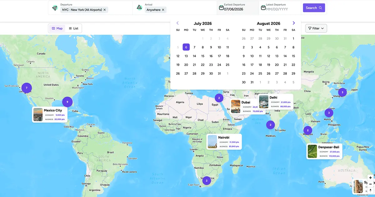 This animation shows a point.me member selecting a date range for award flights on the explore interactive map.