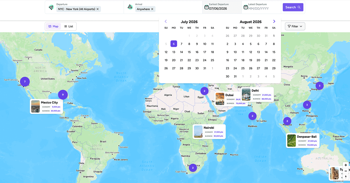 This animation shows a point.me member selecting a date range for award flights on the explore interactive map.