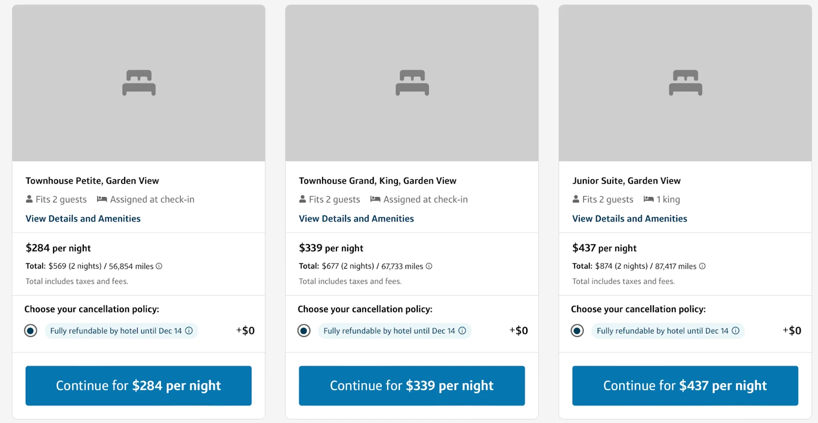 Screenshot of Capital One Travel room options for a hotel stay, showing Townhouse Petite, Townhouse Grand, and Junior Suite rates from $284 to $437 per night
