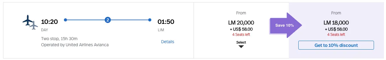 Screenshot of an Avianca LifeMiles award search for a two-stop flight to Lima, priced at 20,000 miles or 18,000 miles with a LifeMiles+ discount
