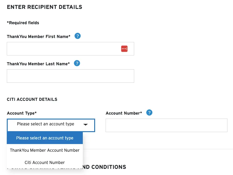 Screenshot of a Citi ThankYou Points Sharing form asking for the recipient's name and account details.
