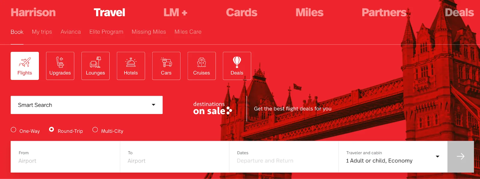 Screenshot of the Avianca website homepage with a flight search tool over a red-toned photo of London's Tower Bridge