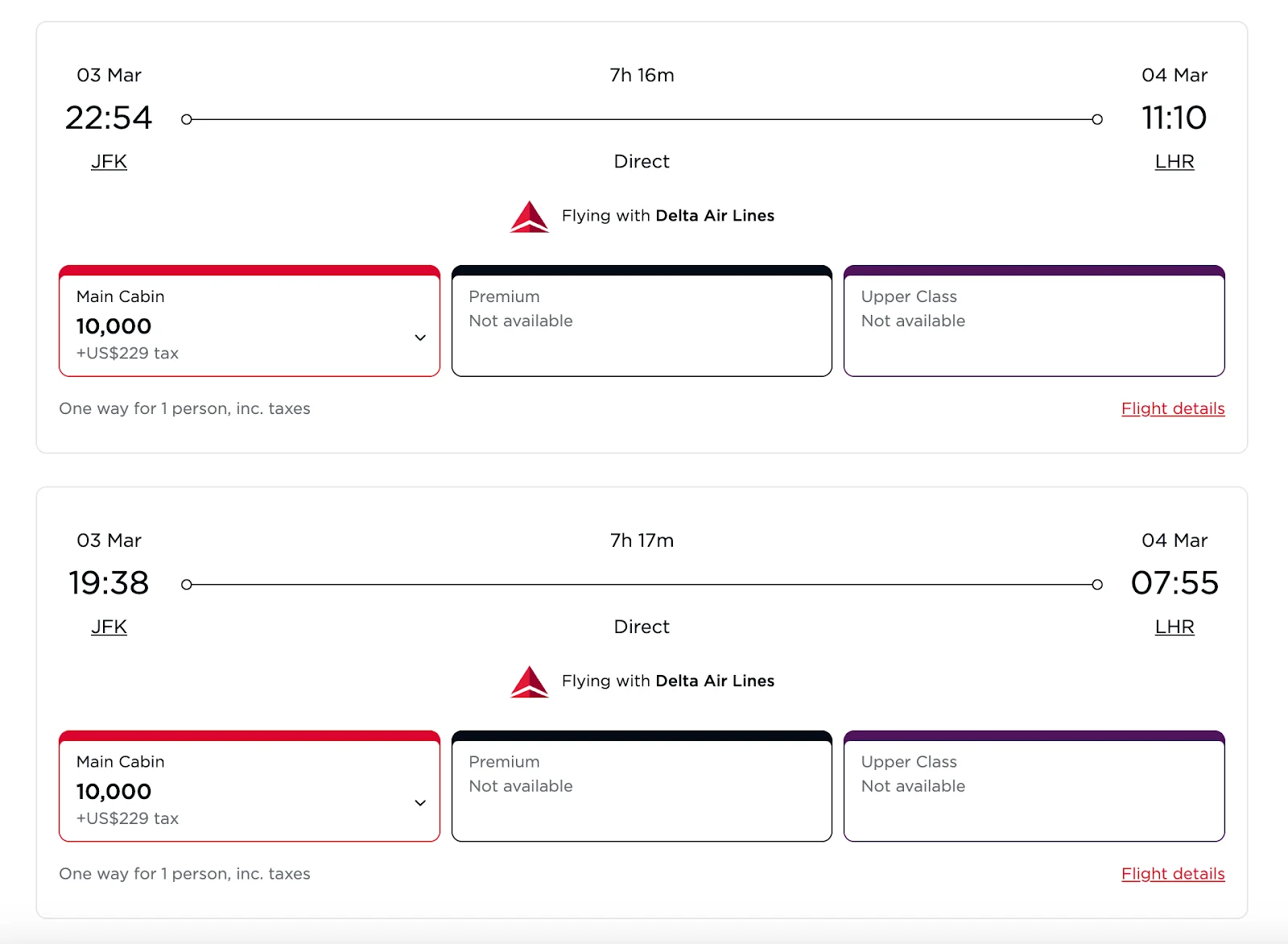 Screenshot of a point.me award search for New York to London Delta flights priced at 10,000 points in Main Cabin
