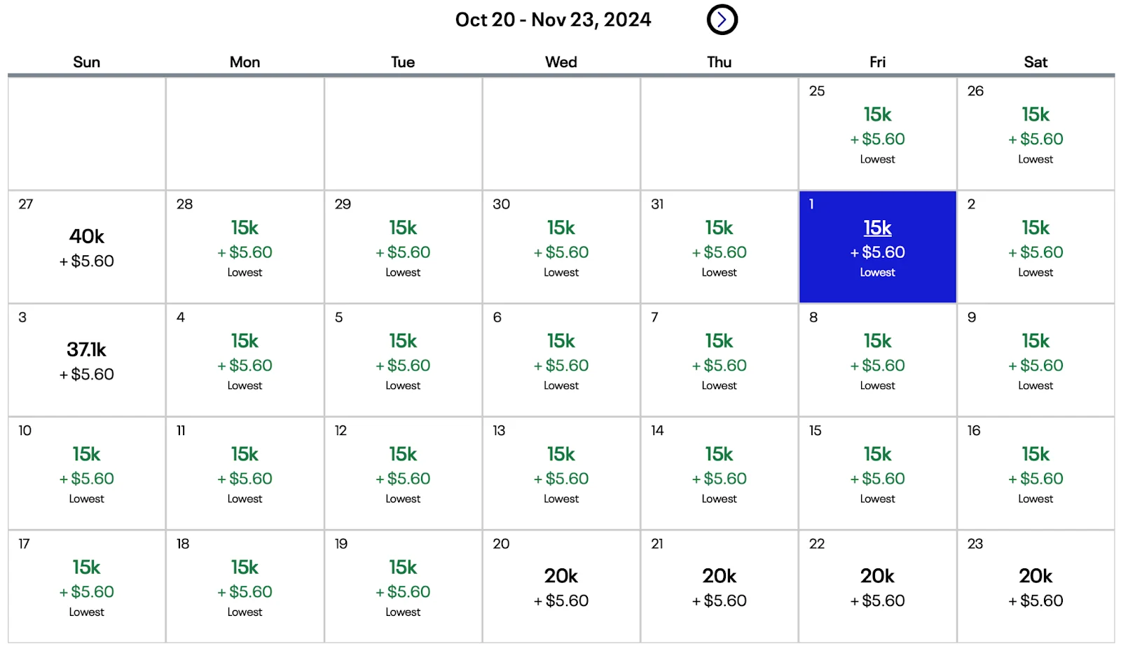 Screenshot of a United award calendar for late October through November 2024, showing daily mileage prices mostly around 15,000 miles.