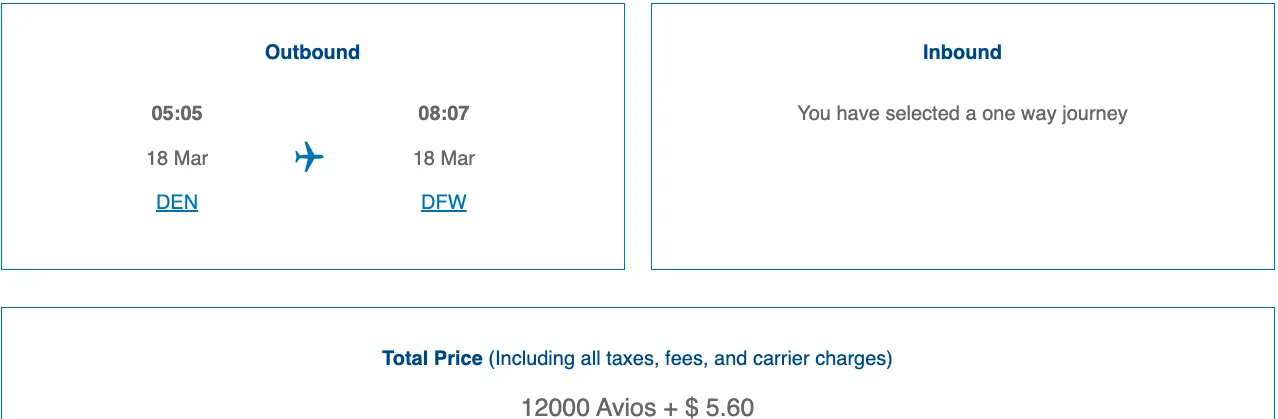 Screenshot of a British Airways Avios booking for a one-way Denver to Dallas flight priced at 12,000 Avios plus $5.60