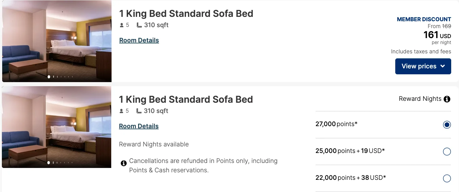 Screenshot of an IHG hotel booking page for a King Bed Standard Sofa Bed room, listing cash rates and a 27,000-point reward night option.