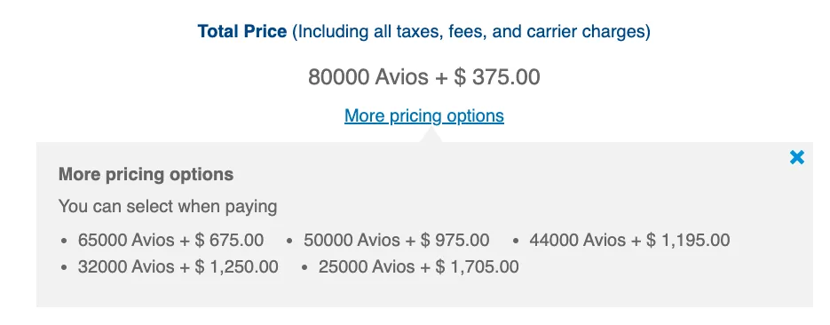 Screenshot of a British Airways booking summary showing multiple Avios-and-cash pricing combinations for an 80,000-Avios flight