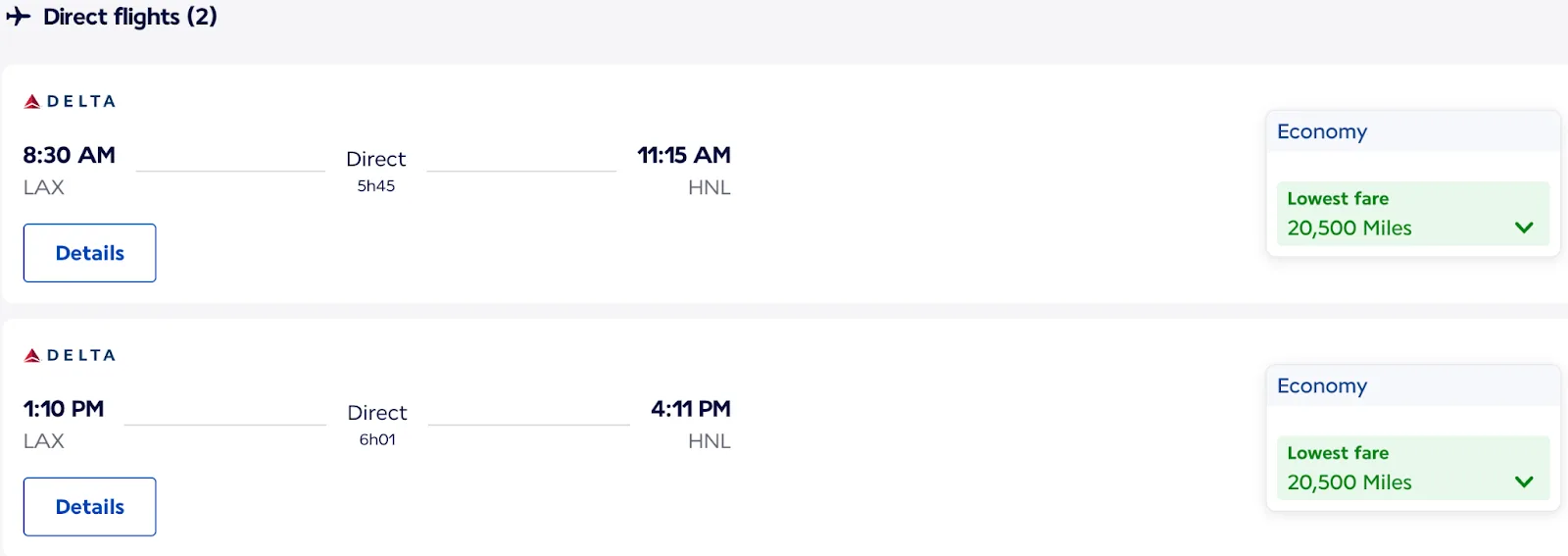 Screenshot of two Delta Air Lines nonstop flights from Los Angeles to Honolulu, each priced at the lowest economy fare of 20,500 miles.