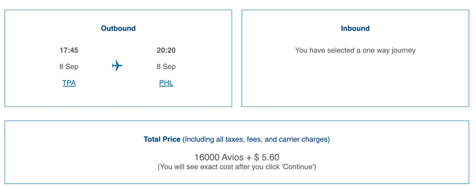 Screenshot of a British Airways Avios search showing a Tampa to Philadelphia one-way flight priced at 16,000 Avios plus $5.60
