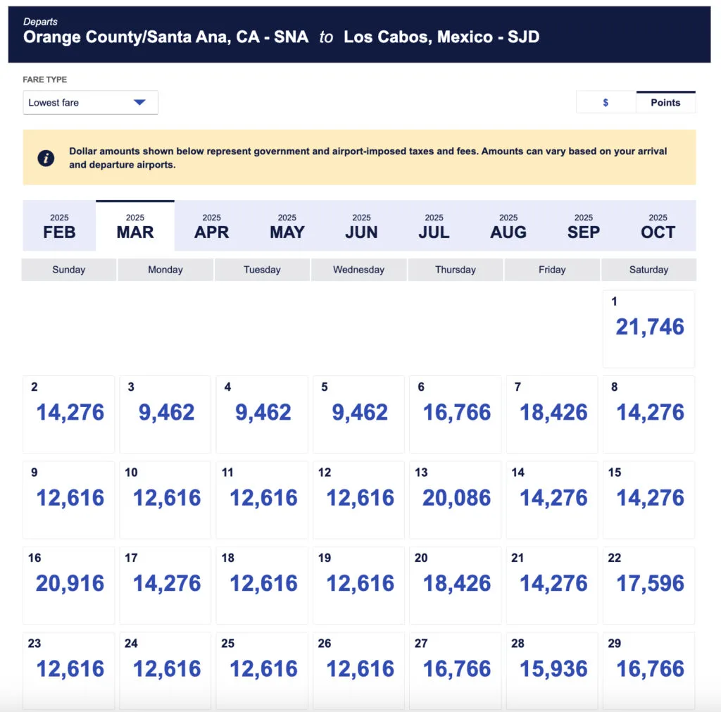 Screenshot of a Southwest Airlines points calendar for flights from Orange County to Los Cabos, with fares ranging from about 9,462 to 24,236 points