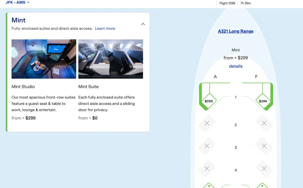 JetBlue seat map for an A321 Long Range aircraft showing Mint Studio and Mint Suite interior photos alongside the seat selection diagram