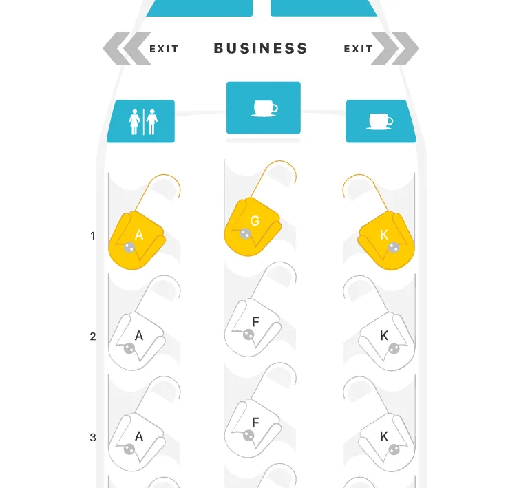 Air Canada business class seat map showing rows 1 through 3 with seats A, F/G, and K highlighted in yellow.