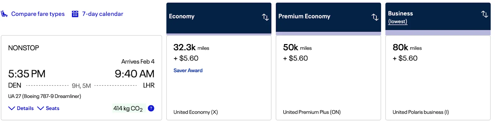 Screenshot of a United award search for a nonstop Denver to London flight, showing fares from 32,300 miles in economy to 80,000 miles in Polaris business class.