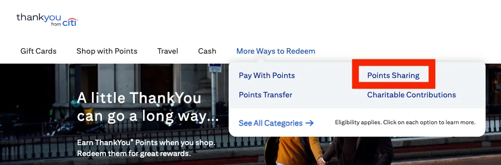 Screenshot of the Citi ThankYou Rewards website with the 'Points Sharing' option highlighted in the redemption menu.