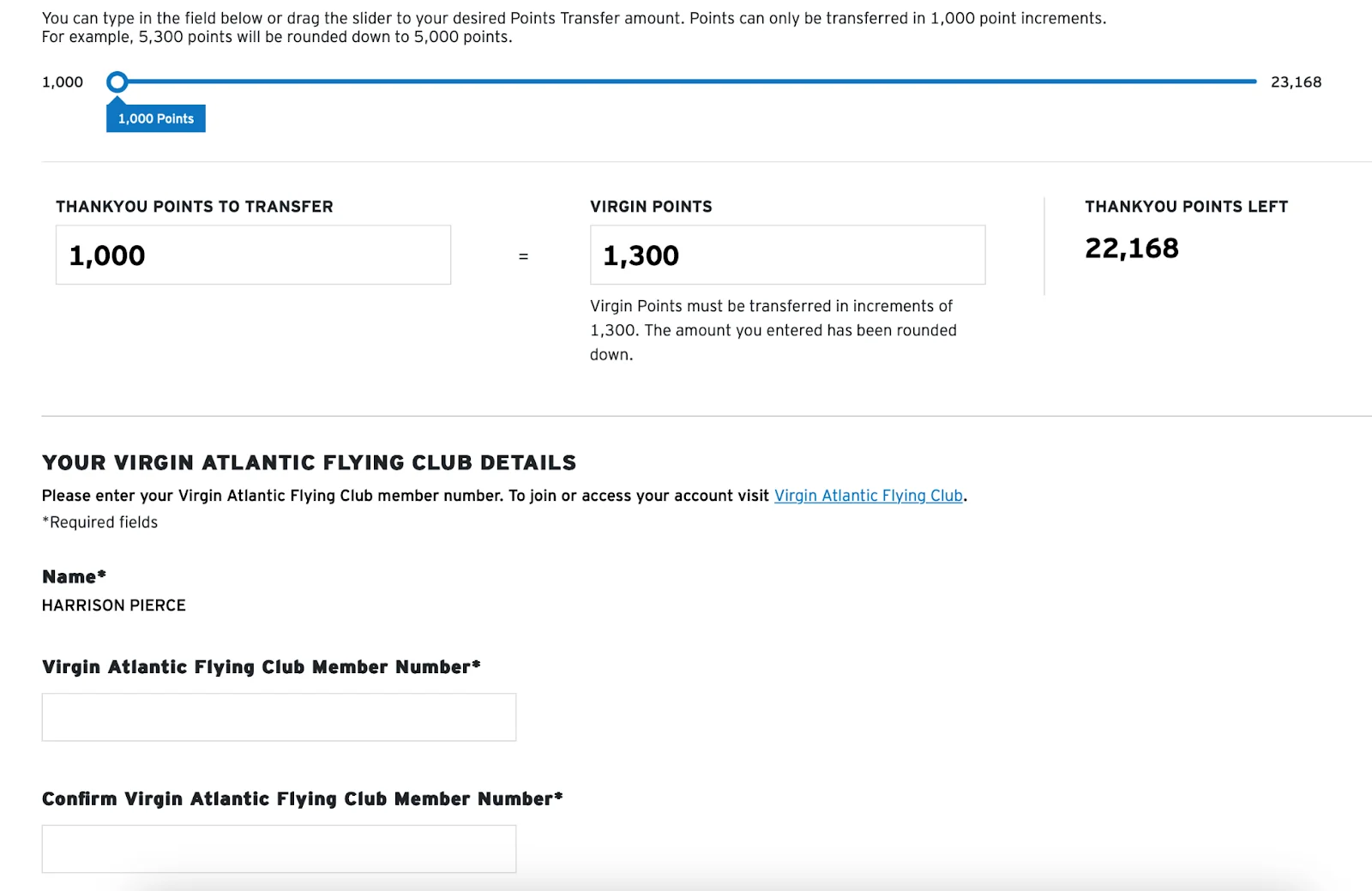 Citi ThankYou Points transfer screen with a slider set to 1,000 points and fields to enter a Virgin Atlantic Flying Club member number