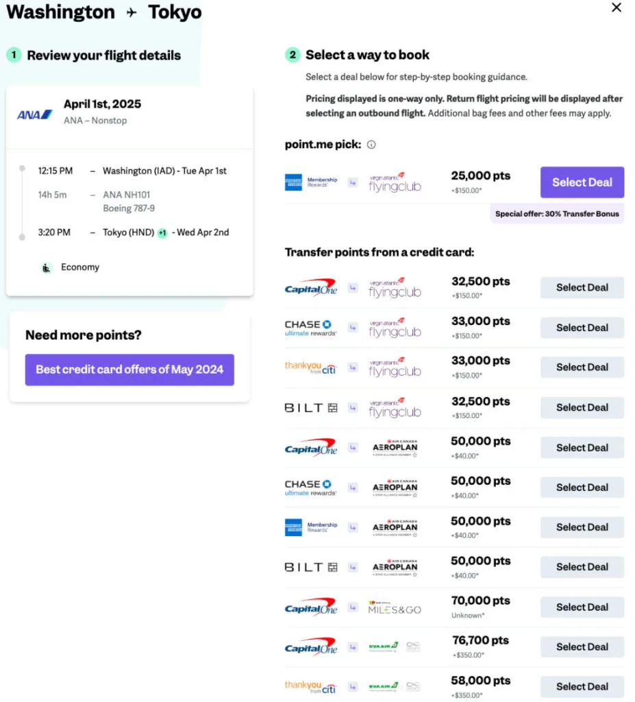 point.me flight search modal showing a Washington to Tokyo ANA flight with a Membership Rewards to Flying Club transfer deal priced at 25,000 points