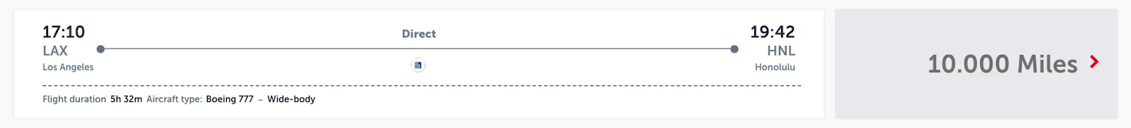 Screenshot of an award flight search showing a direct Los Angeles to Honolulu flight priced at 10,000 miles.