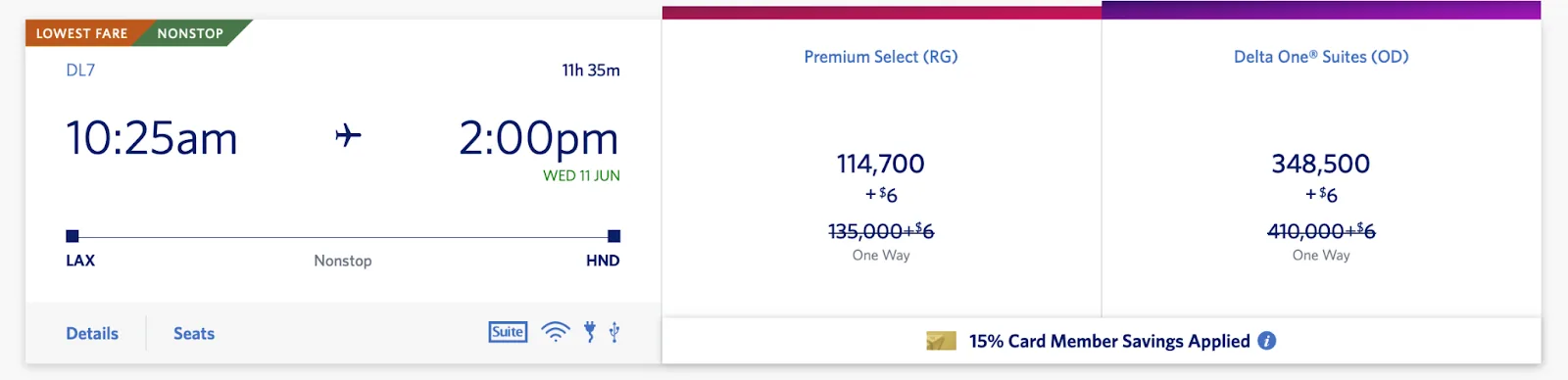 Screenshot of a Delta award search for a Los Angeles to Tokyo Haneda flight showing Premium Select priced at 114,700 miles and Delta One Suites at 348,500 miles