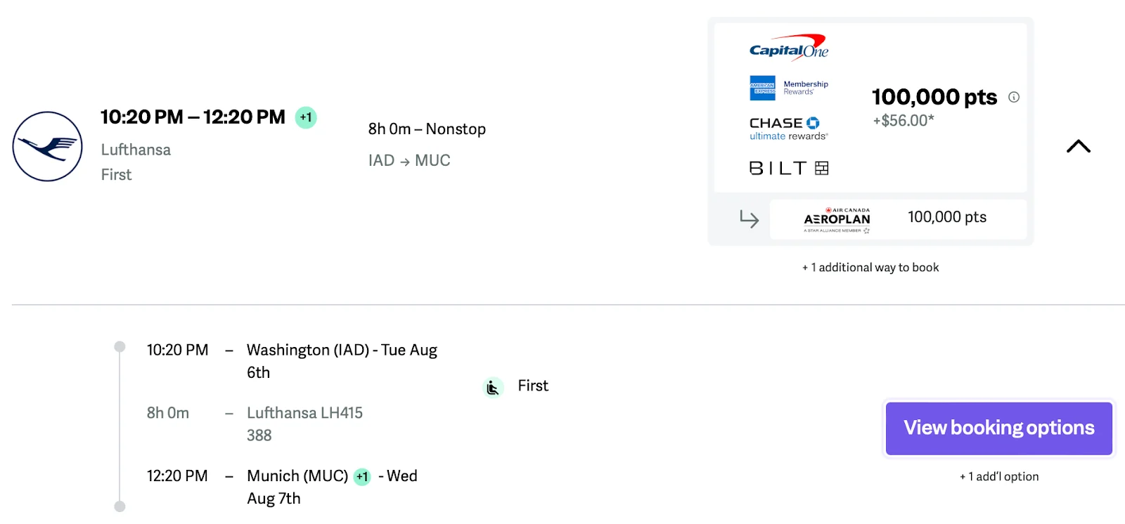 Screenshot of a point.me search for a Lufthansa first class flight from Washington Dulles to Munich, priced at 100,000 points plus $56 via several transfer partners.