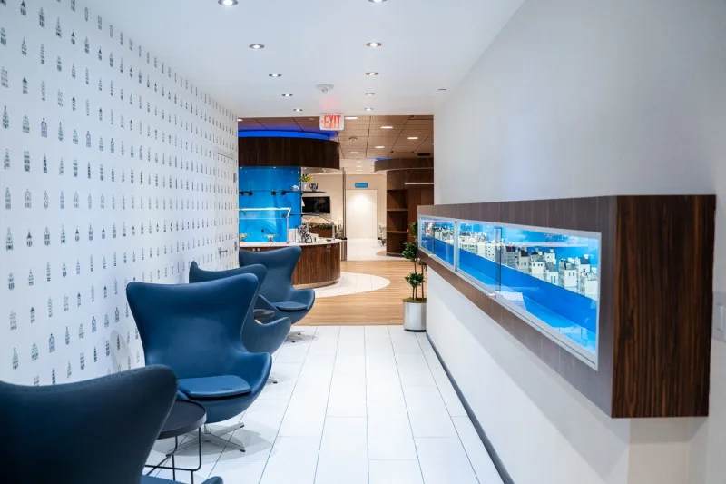 KLM airport lounge seating area with blue egg-shaped chairs and a self-serve food and drink counter