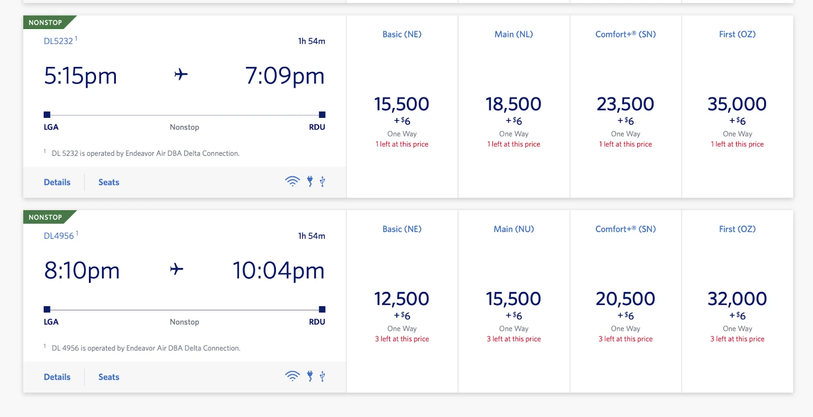 Screenshot of Delta flight search results showing two LaGuardia to Raleigh-Durham flights with fares across Basic, Main, Comfort+, and First fare classes
