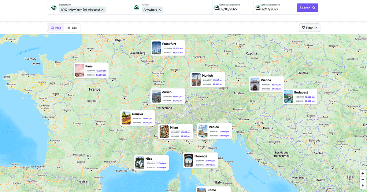 This animation shows a point.me member selecting Paris as their destination and a calendar heat map pops up, indicating which days can provide the best deals for their trip.