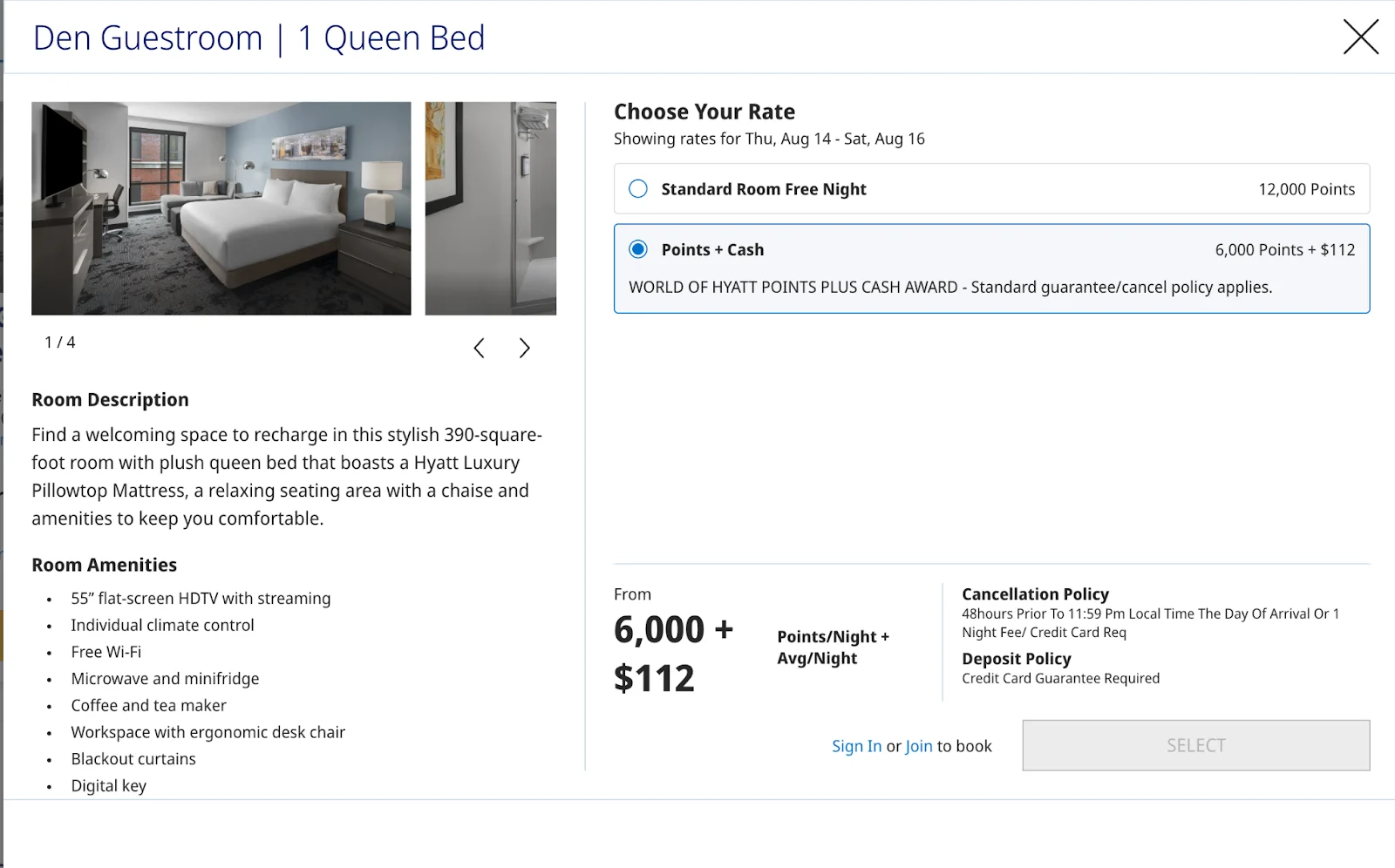 Screenshot of a World of Hyatt hotel room booking page for a Den Guestroom with a queen bed, showing rates of 12,000 points or 6,000 points plus $112 per night.