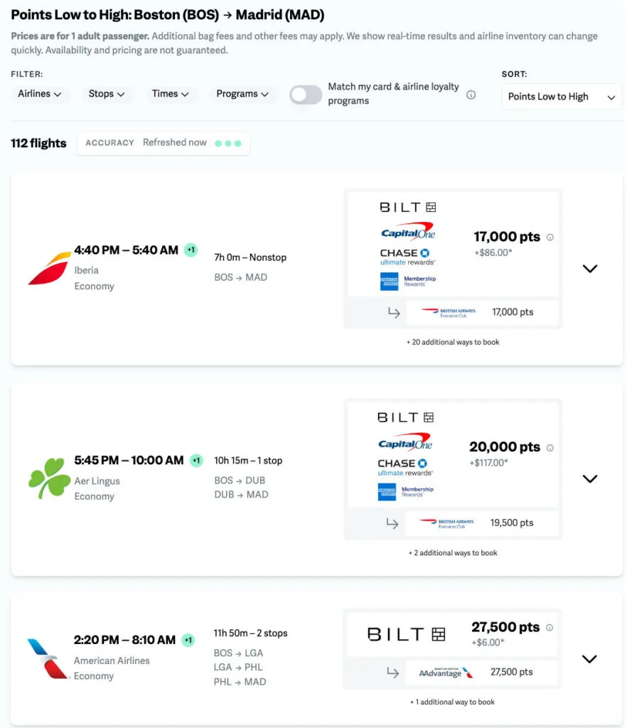 Screenshot of point.me search results for Boston to Madrid sorted by points, showing Iberia, Aer Lingus, and American Airlines options