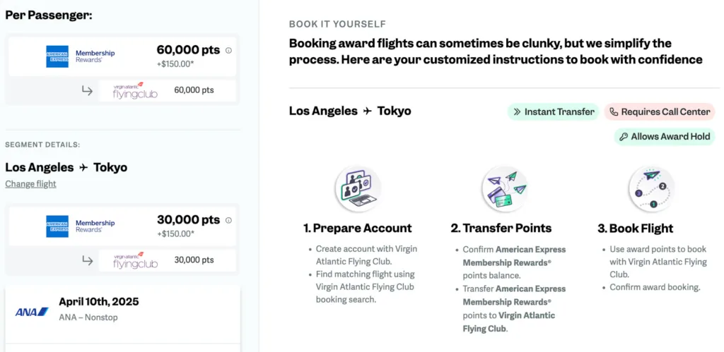 Screenshot of point.me step-by-step instructions for booking a Los Angeles to Tokyo ANA flight using 60,000 Amex Membership Rewards points transferred to Virgin Atlantic Flying Club