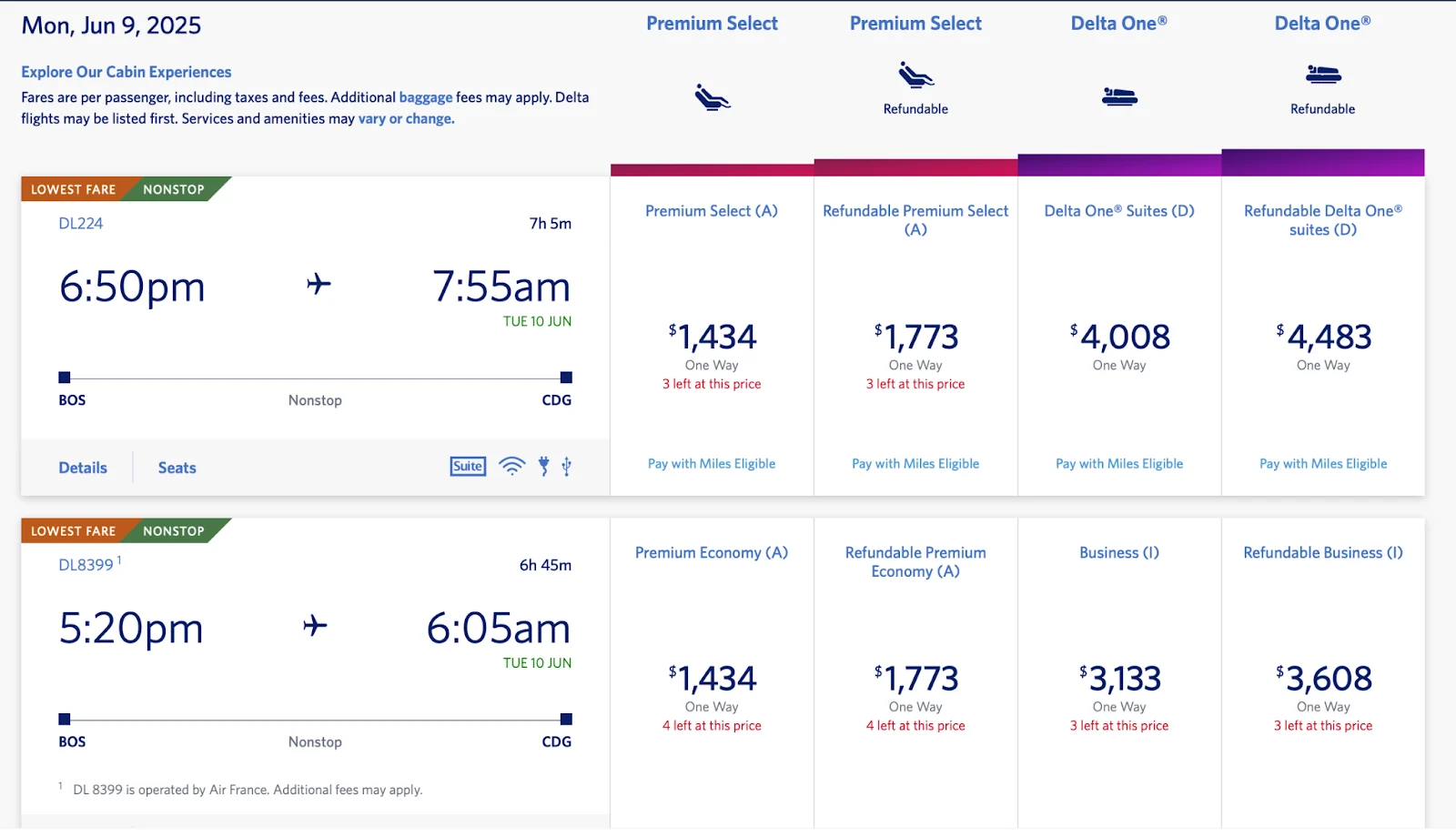 Screenshot of Delta and Air France fare options for Boston to Paris flights, comparing Premium Select, Delta One, and Business class prices