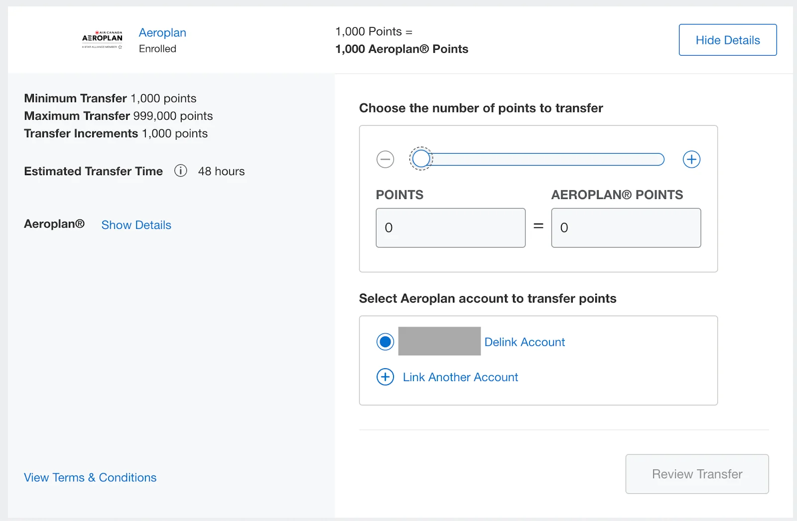Screenshot of an American Express Membership Rewards transfer page set up to send points to Air Canada Aeroplan