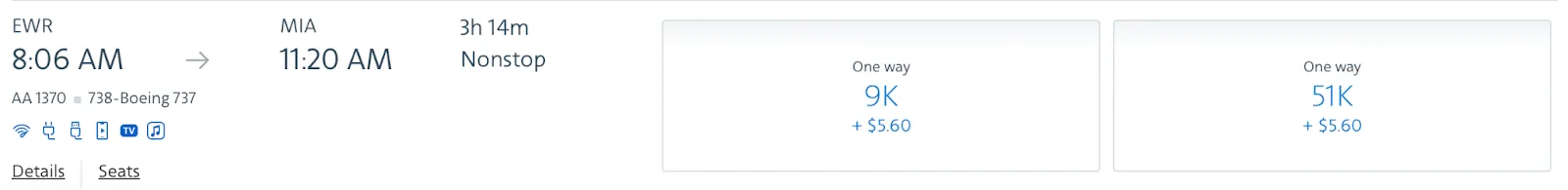 Screenshot of example mileage award flight on AA from Newark to Miami