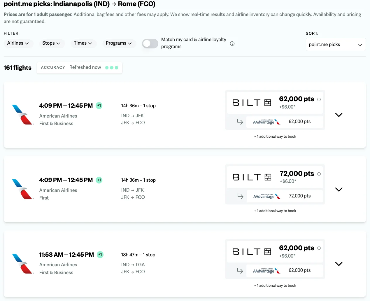 Screenshot of point.me step-by-step instructions for booking an Indianapolis to Rome American Airlines AAdvantage award for 62,000 points