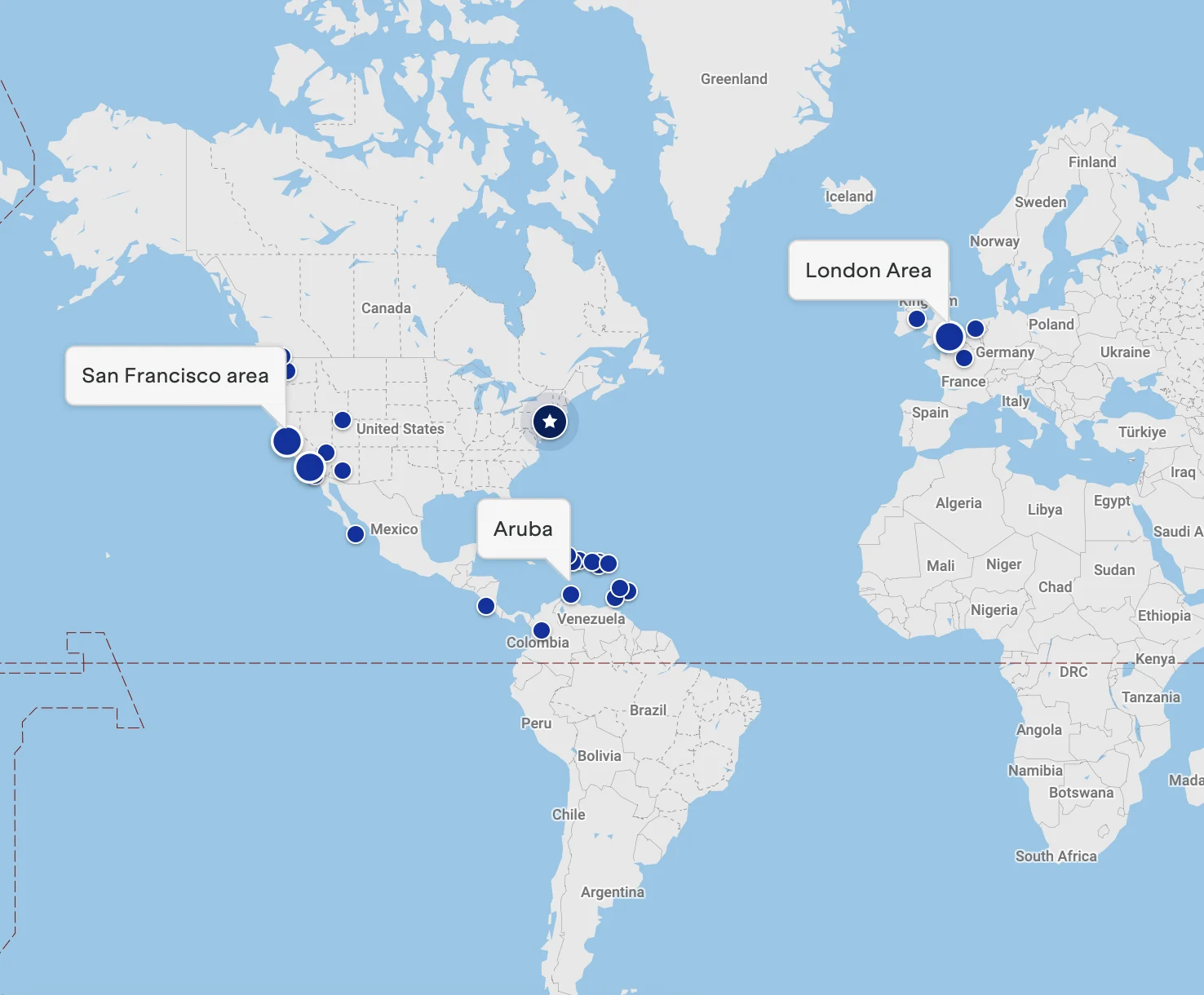 Map showing JetBlue destinations reachable from the East Coast, including the San Francisco area, Aruba, and the London area.